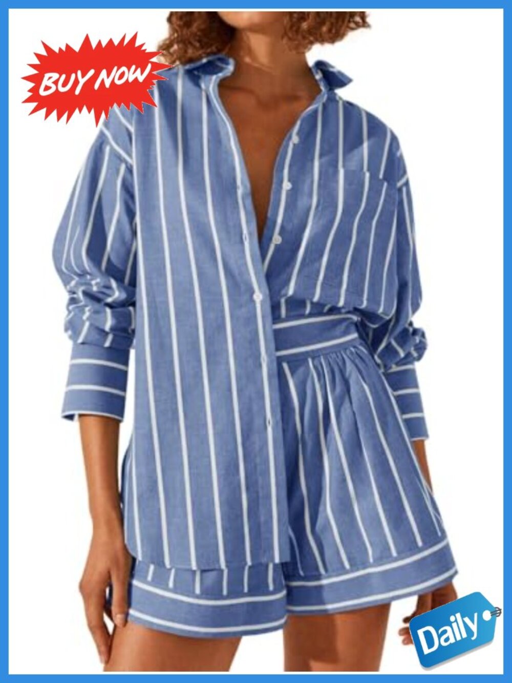 Women's 2 Piece Striped Short Set Long Sleeve Button Down Relaxed Lounge Outfit